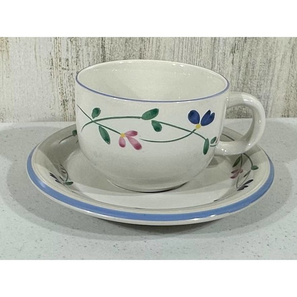 Allegro Stoneware Hearthside Floral Blue Pattern Cup and Saucer Set - Picture 1 of 10